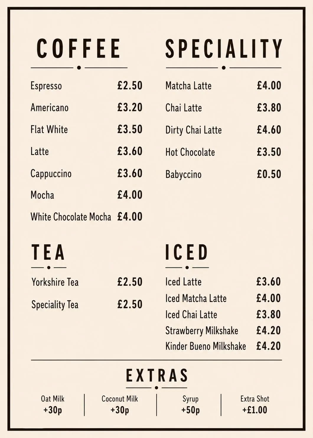 Luna Coffee House drinks menu board