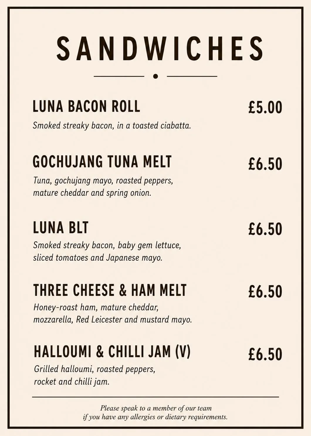 Luna Coffee House sandwich menu board